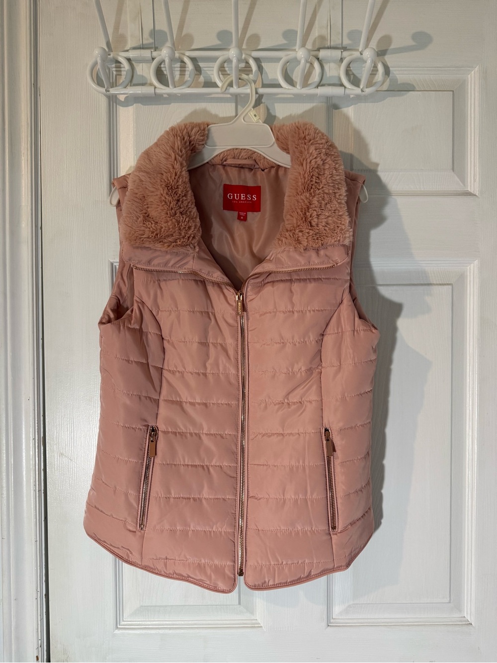 GUESS Blush Pink Quilted Faux Fur Collar Vest